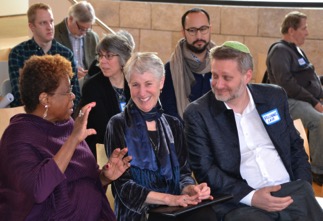 President Barbara Holmes (left) and attendees at a Kaleo Center event on mass incarceration